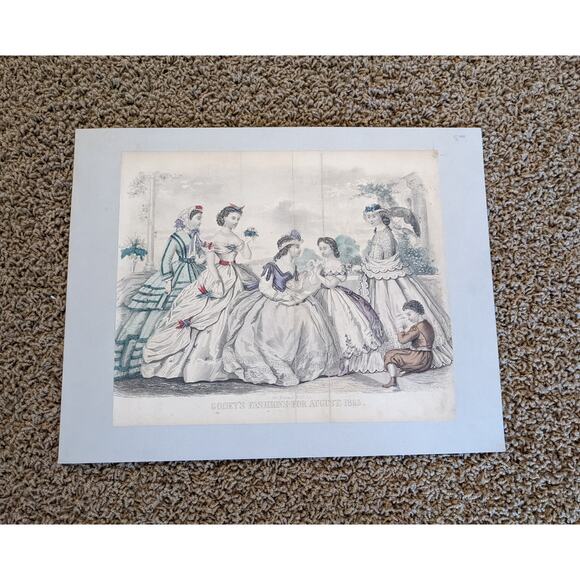 Antique Godey's Victorian Rare Hand Colored Fashion Book Plate Print August 1865 - Picture 9 of 10